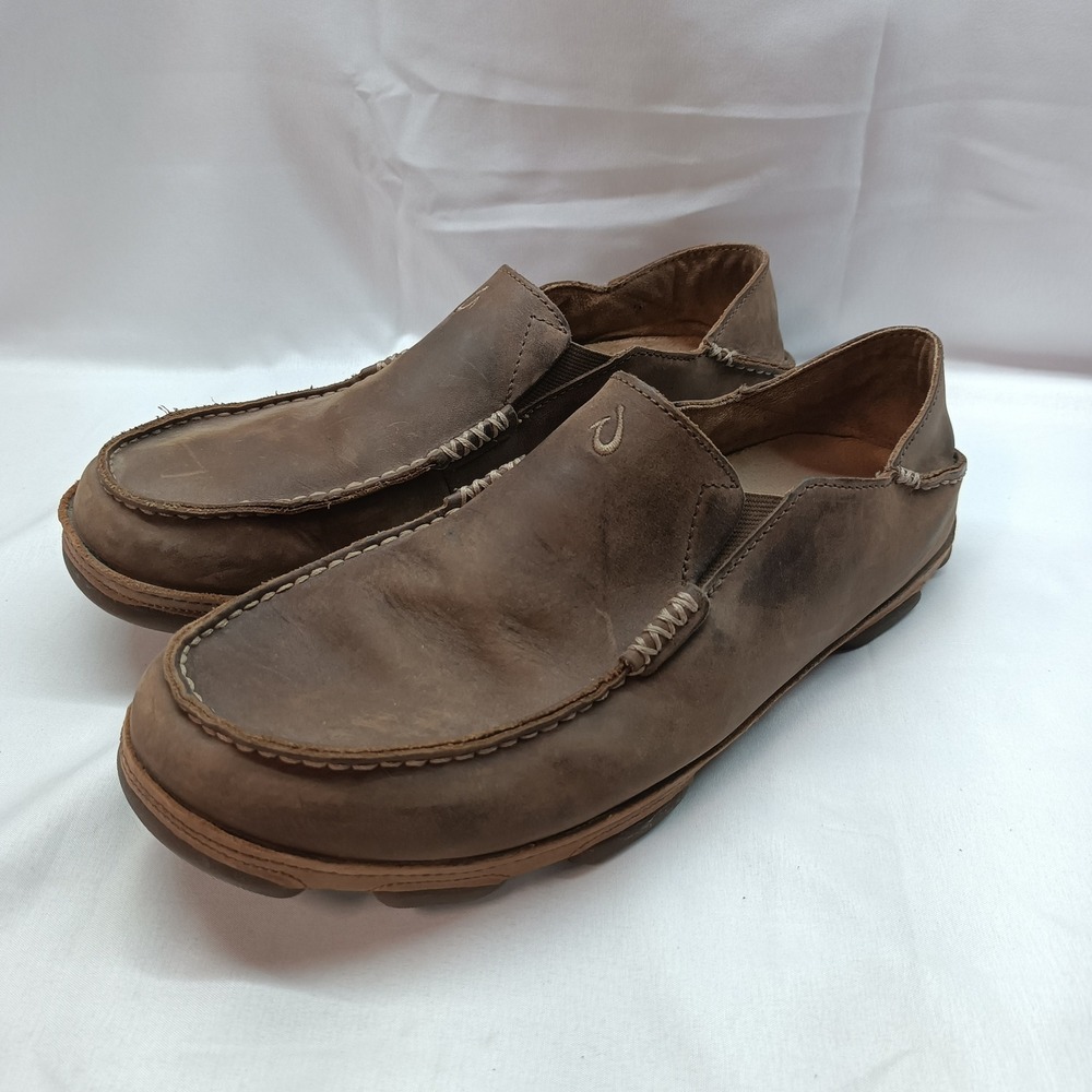 OluKai Moloa Men 11 Dark Wood Brown Leather Slip On Loafers Coastal Casual